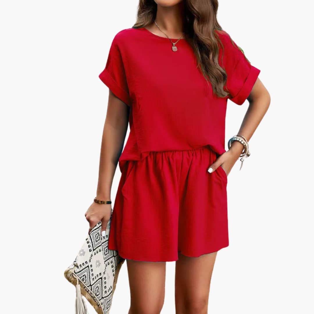Röd sommarjumpsuit för kvinnor i lätt material med rund halsringning
