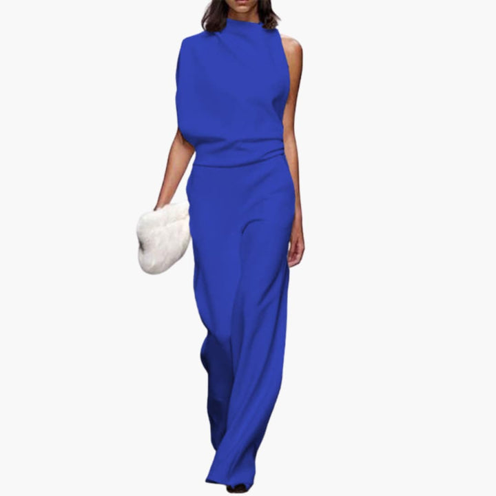 Elegant dam jumpsuit med rund hals och långa ben för fest