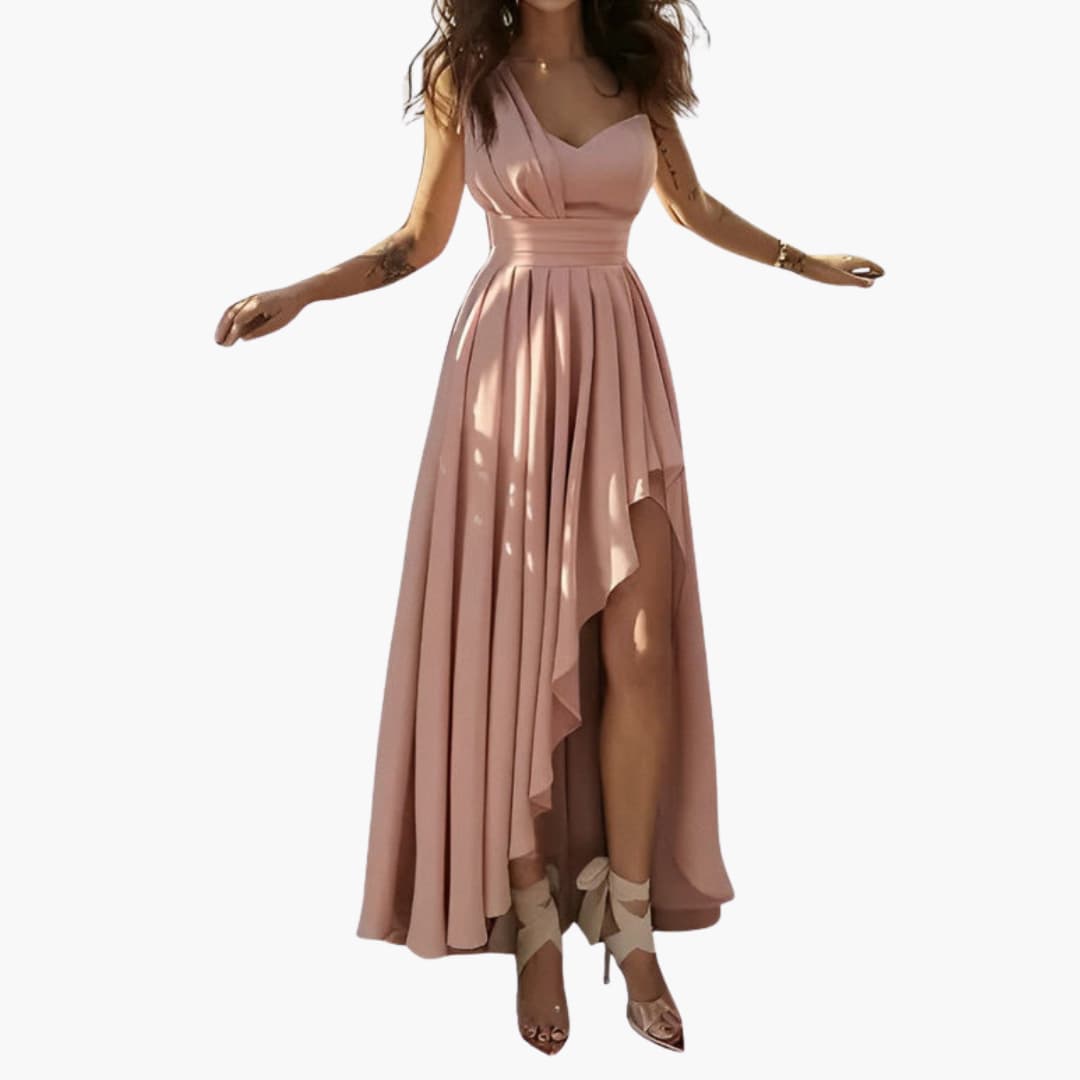 Dam bär elegant rosa ärmlös cocktailklänning med hög midja framifrån