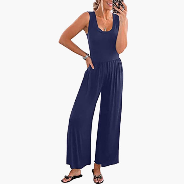 Bekväm damjumpsuit utan ärm med vida ben och elastisk midja i stilren design
