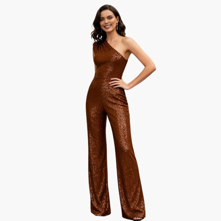 Elegant damkläder jumpsuit med raka ben och glittrande paljettdetaljer