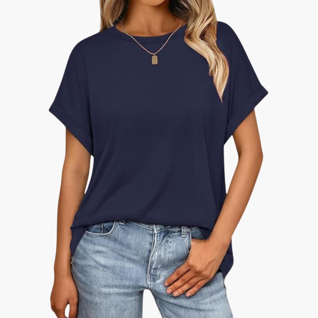Marinblå tunika T-shirt för dam med kort ärm och ledig passform