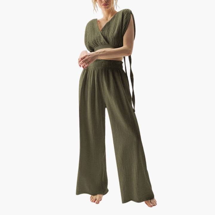 Olivgrön tvådelad jumpsuit för dam med korta ärmar
