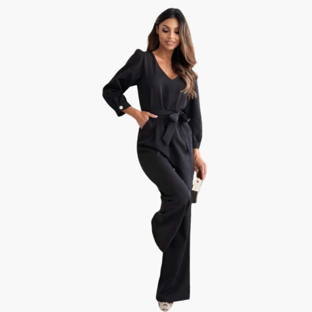 Svart långärmad damjumpsuit med V-ringning och bälte