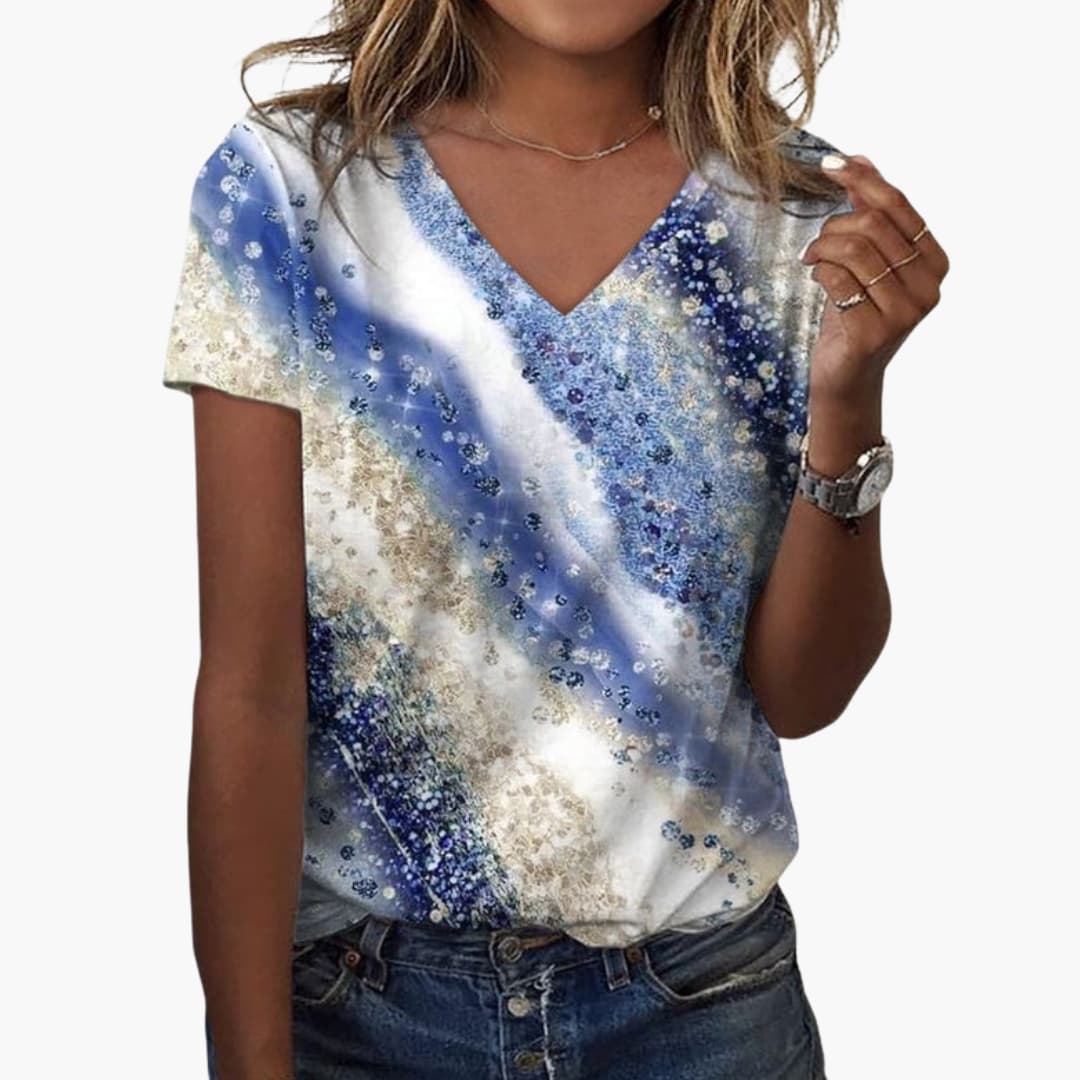 Dam T-shirt med V-ringning och blått mönster