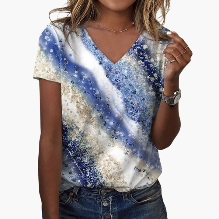 Dam T-shirt med V-ringning och blått mönster