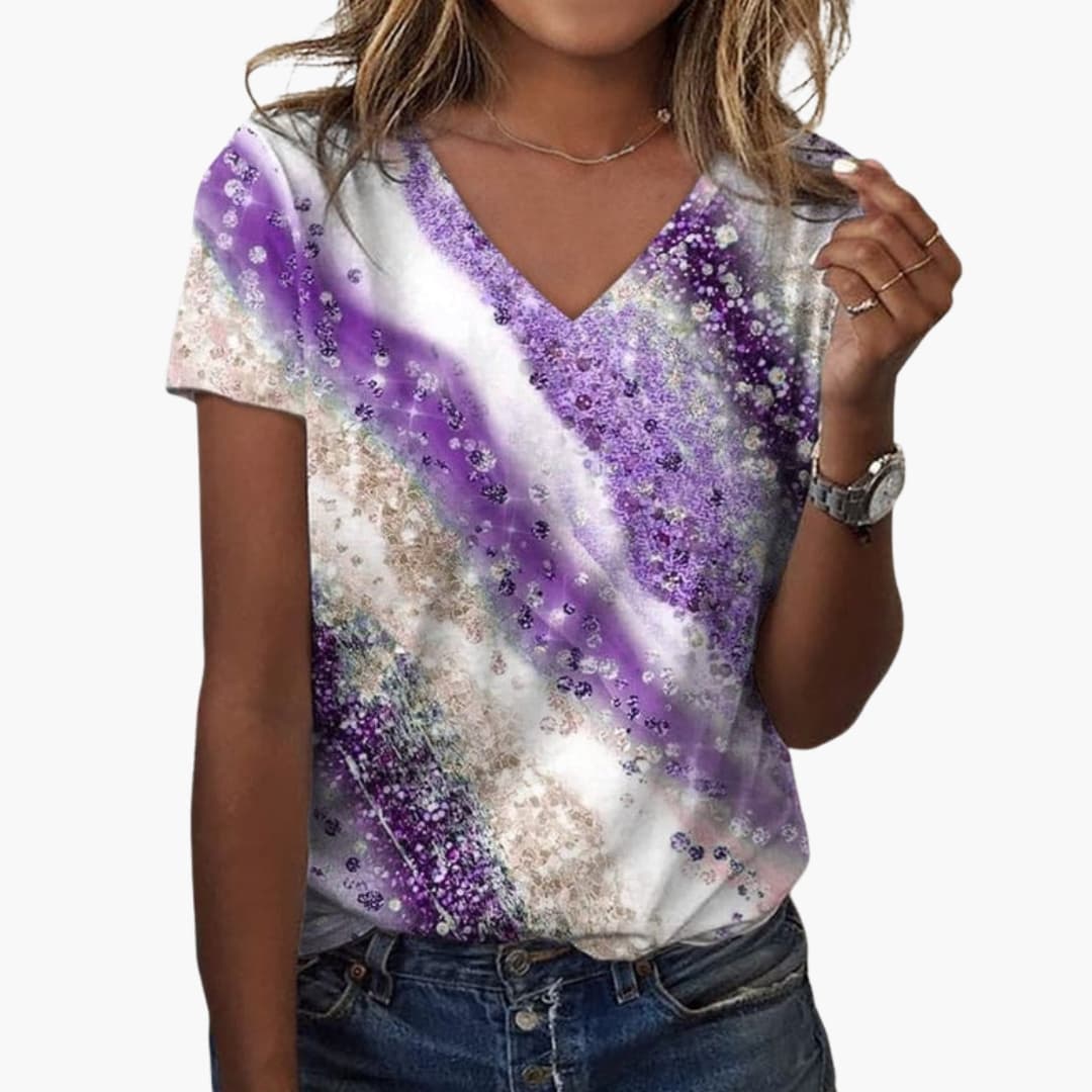 Dam T-shirt med V-ringning och lila gradienttryck