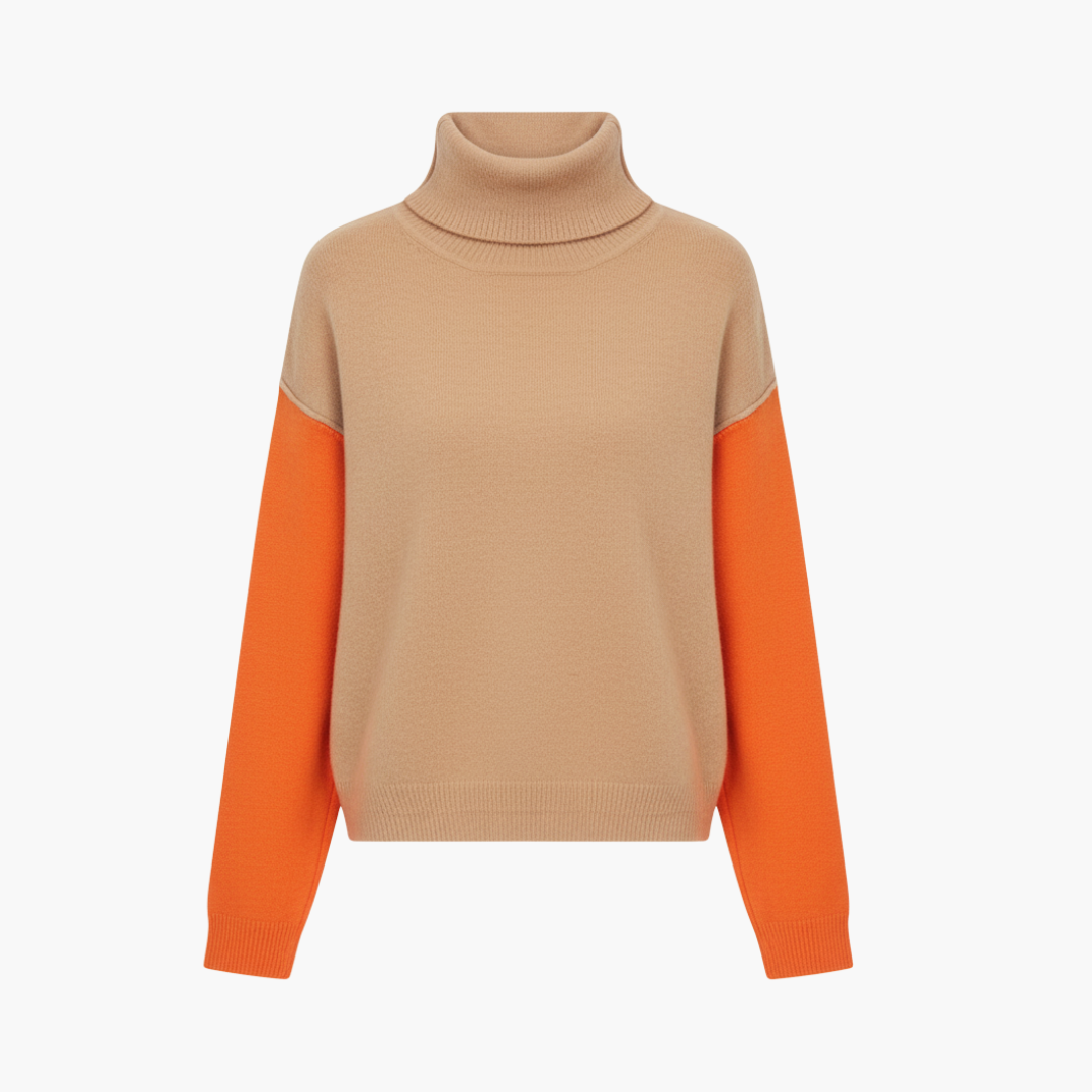 Orange damtröja med turtleneck och färgblock på ärmarna mot vit bakgrund