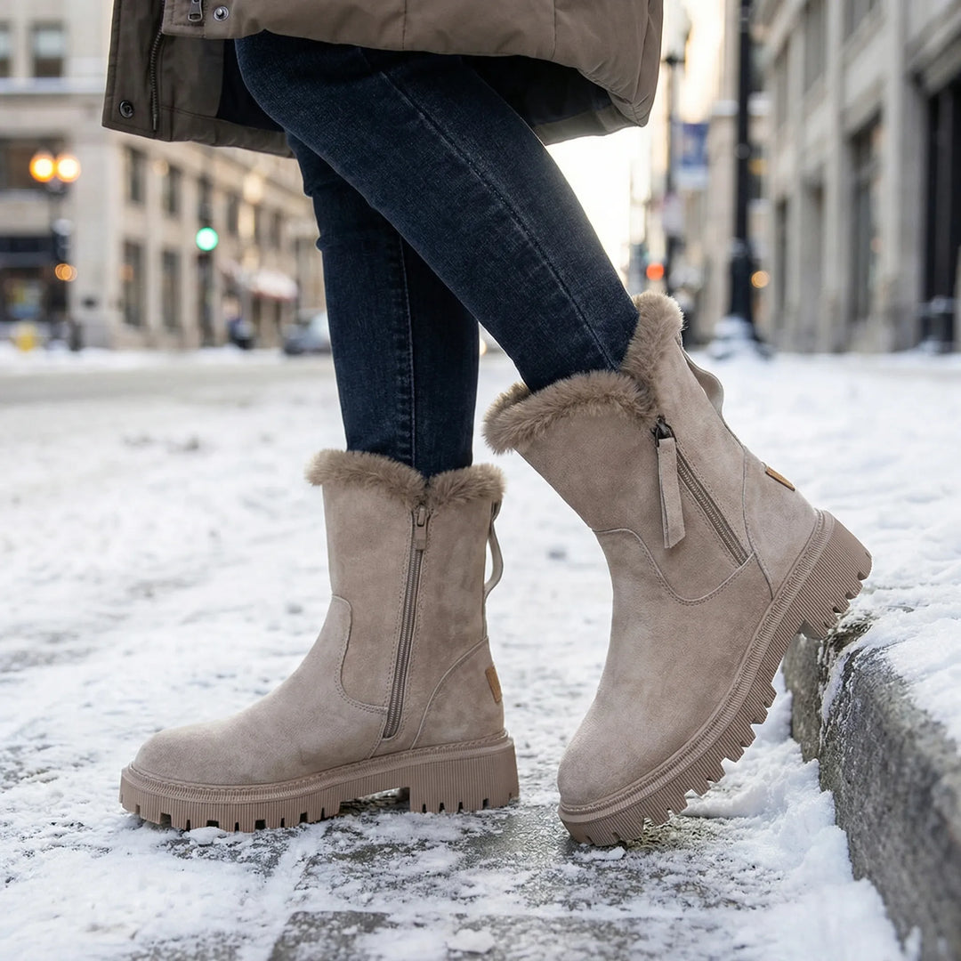 Beige ankelhöjd vinterstövel med mjuk krage på snöig gata