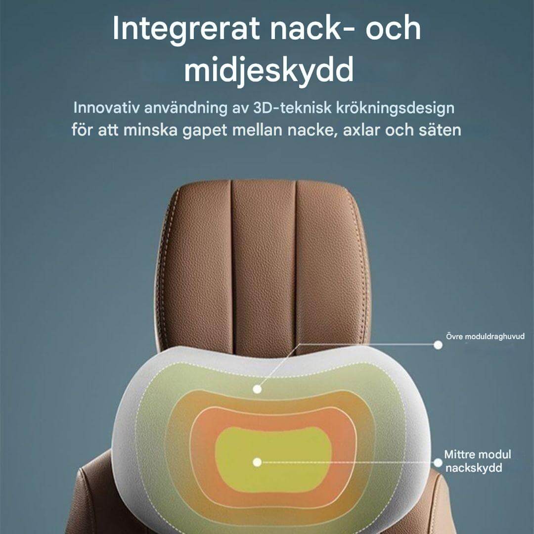 Svart memory foam kudde för bilstol som ger avlastning för rygg och nacke