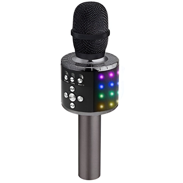 Svart trådlös bluetooth karaokemikrofon med LED-belysning och metallhandtag