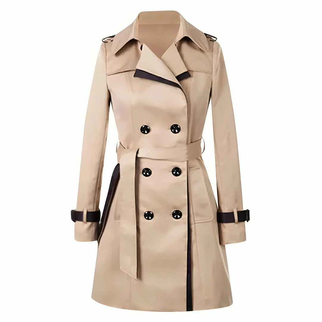 Beige damtrenchcoat med dubbelknäppt front och bälte
