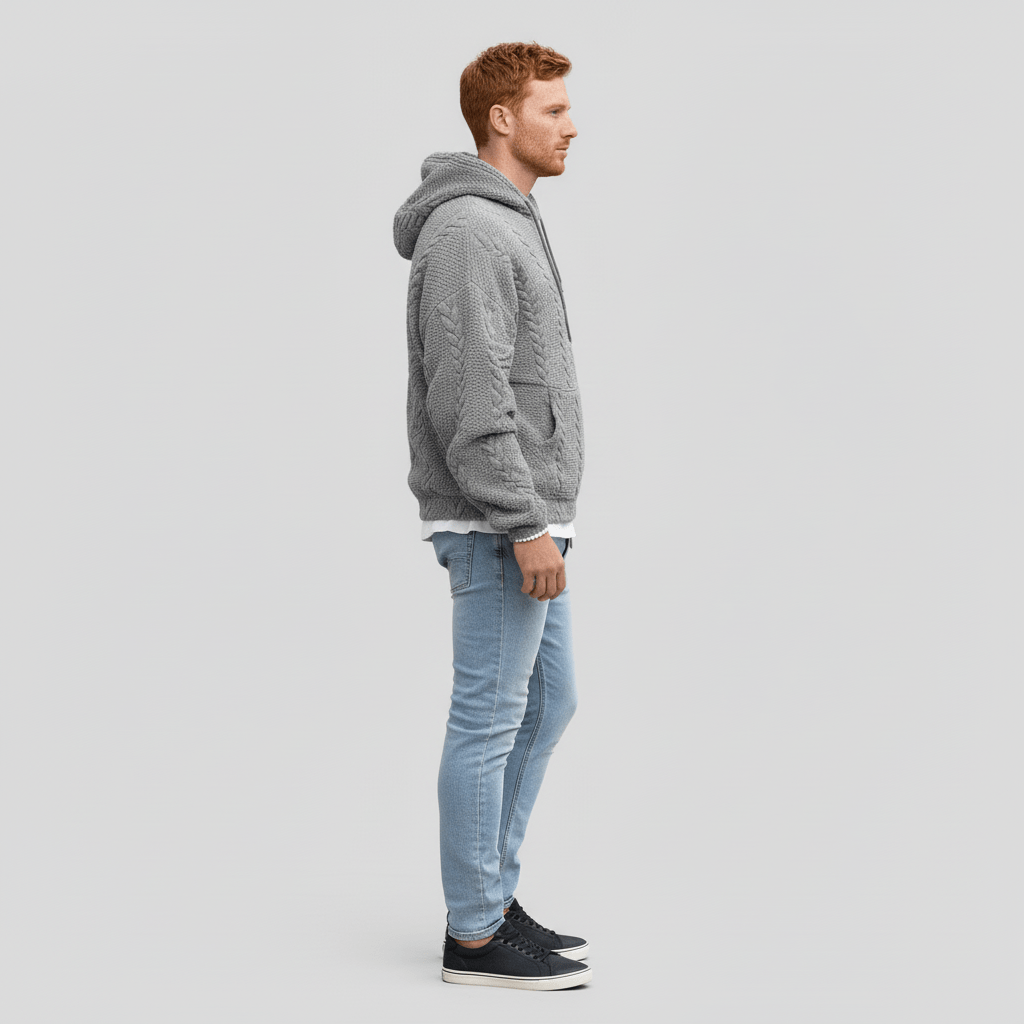Profilbild av man i grå strukturstickad huvtröja mot ljus bakgrund