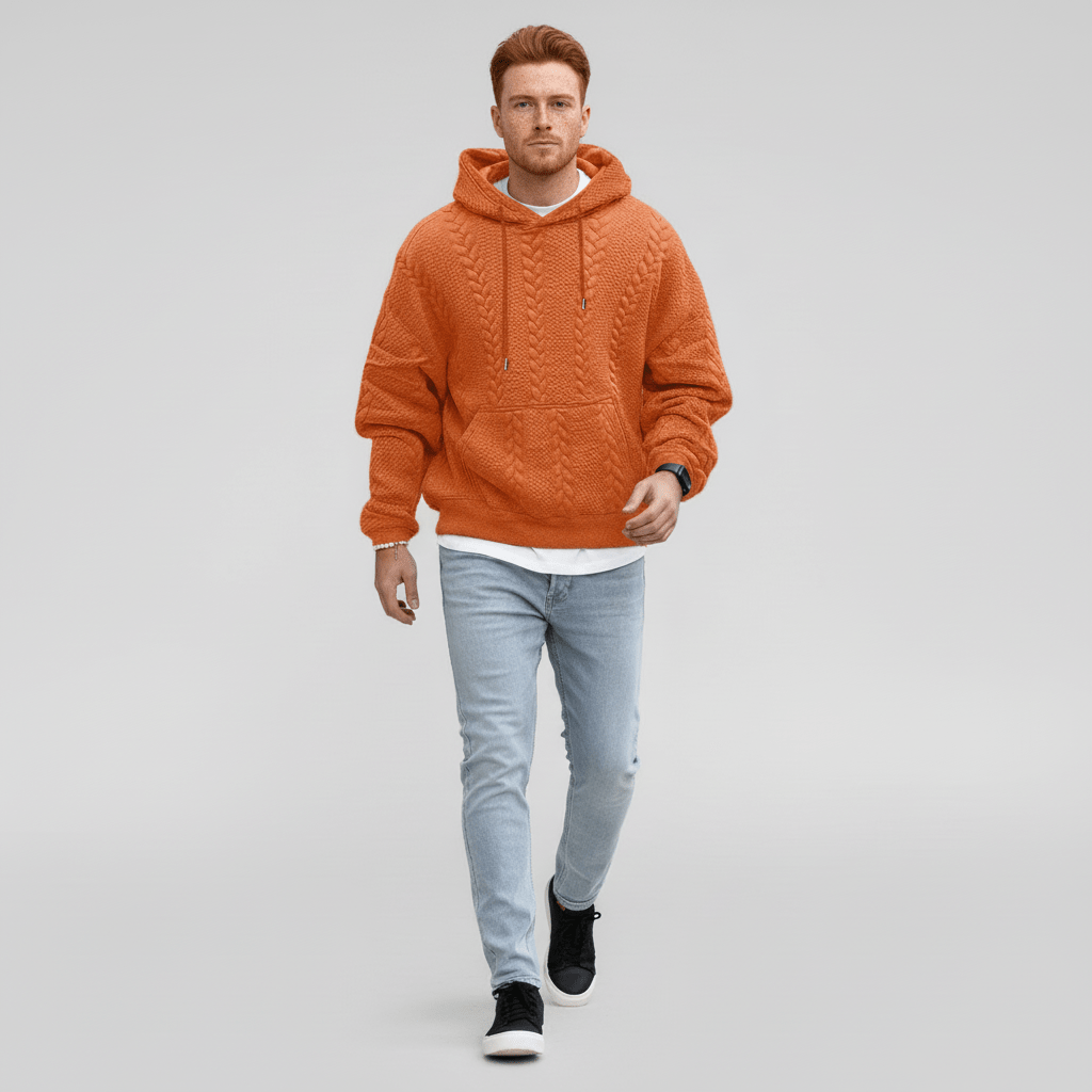Blå flätstickad hoodie för herrar med dragsko i huvan