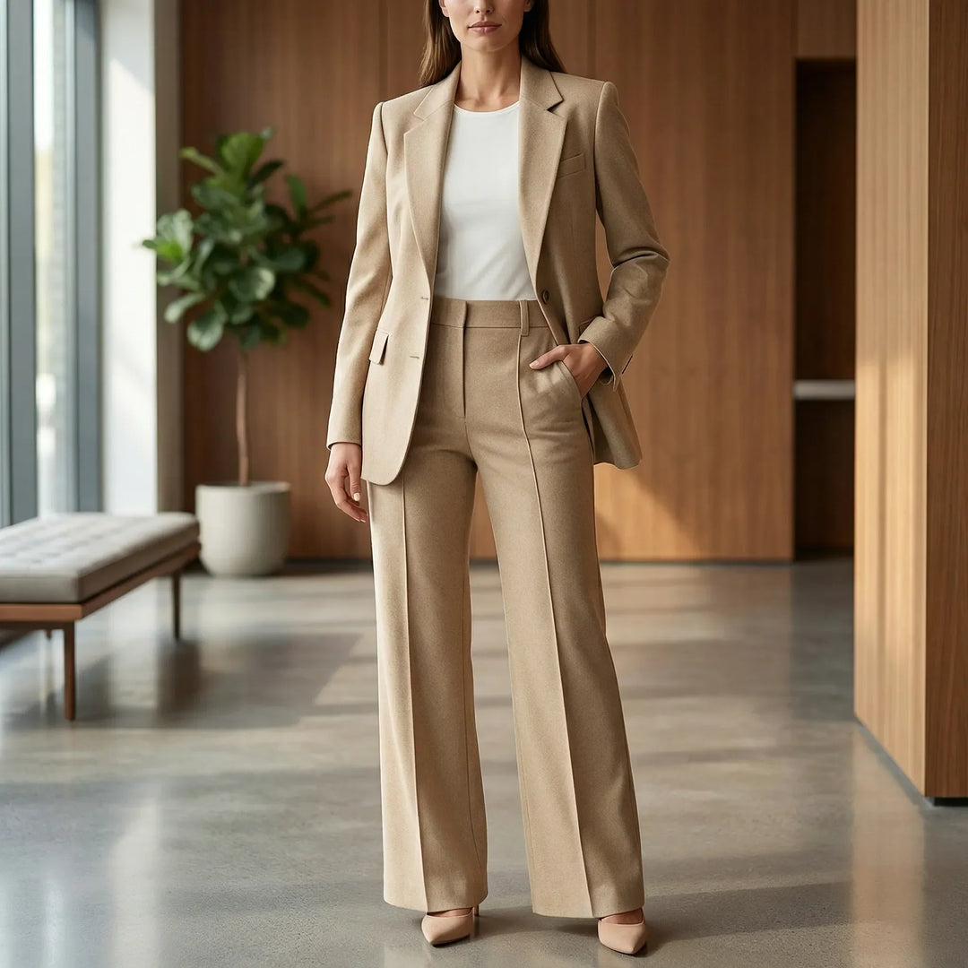 Dambyxkostymset Freya i beige färg buret i en modern kontorsmiljö