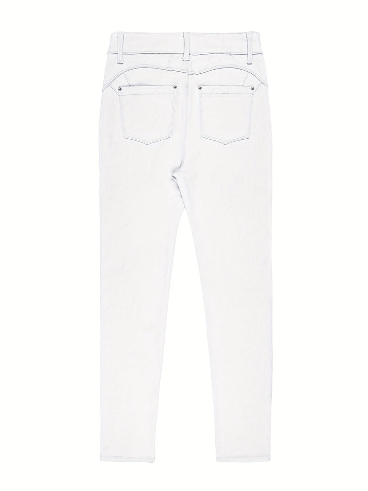 Detaljbild på rött denimtyg med bra stretch