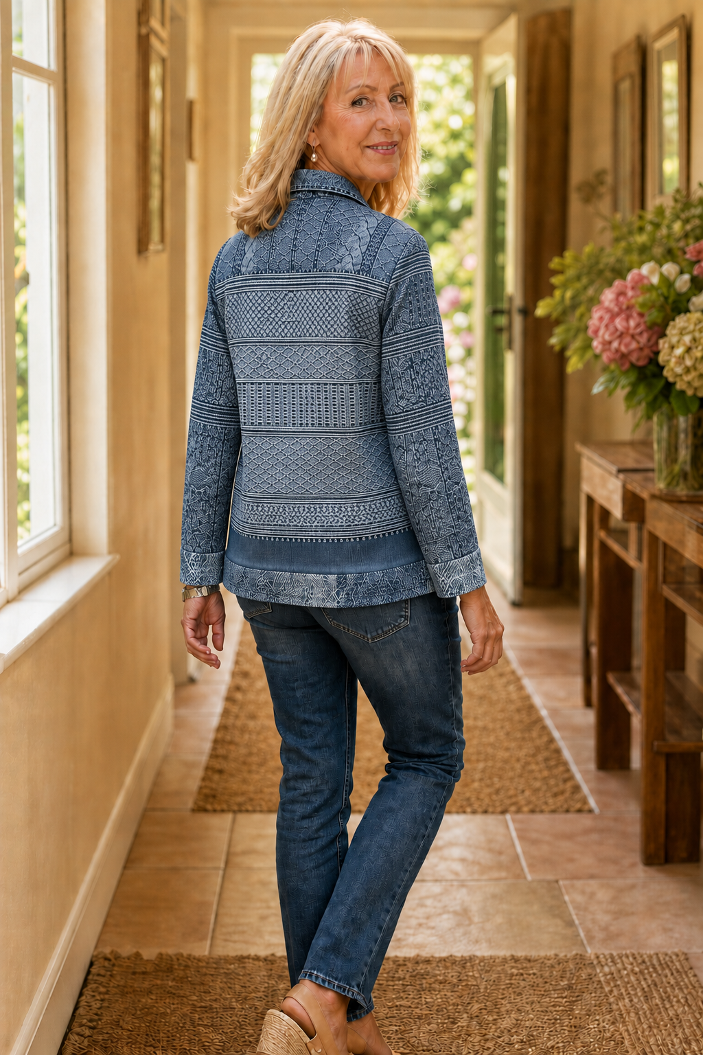 Damernas Layerlyn patchworkblus med långa ärmar och denimdetaljer framifrån