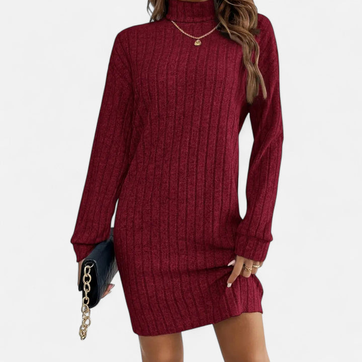Dam turtleneck texturerad stickad klänning i vinrött med långa ärmar