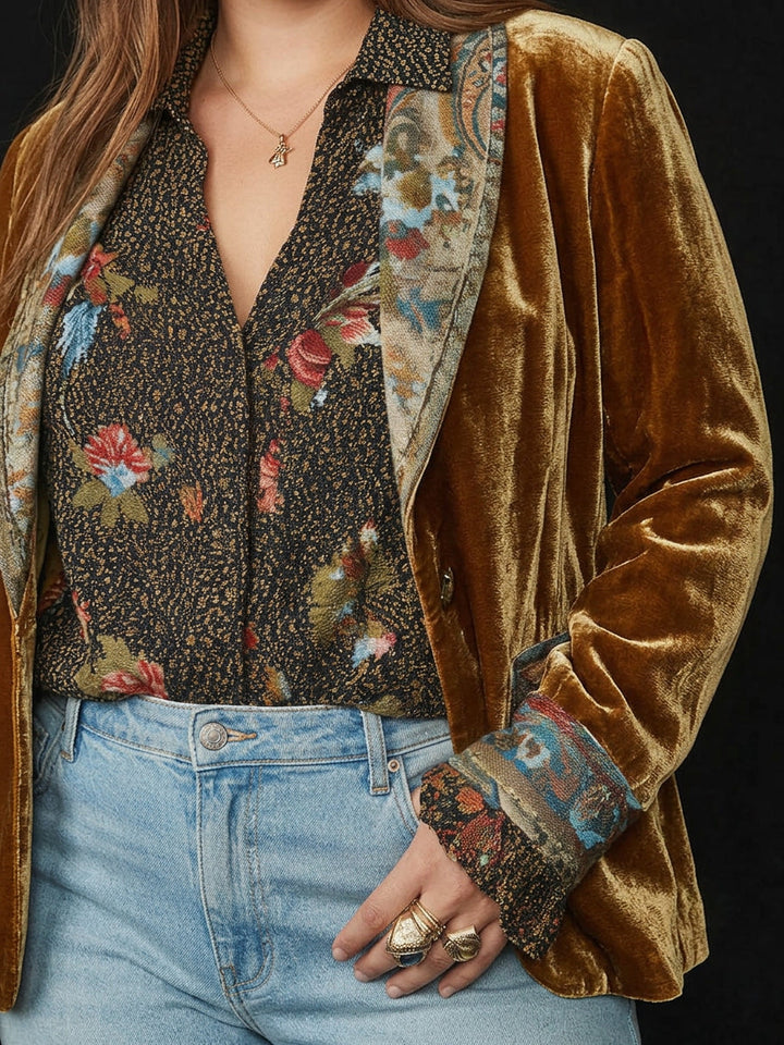 Brun vintage blazer för dam med unik blommig patchwork-design och kavajsnitt
