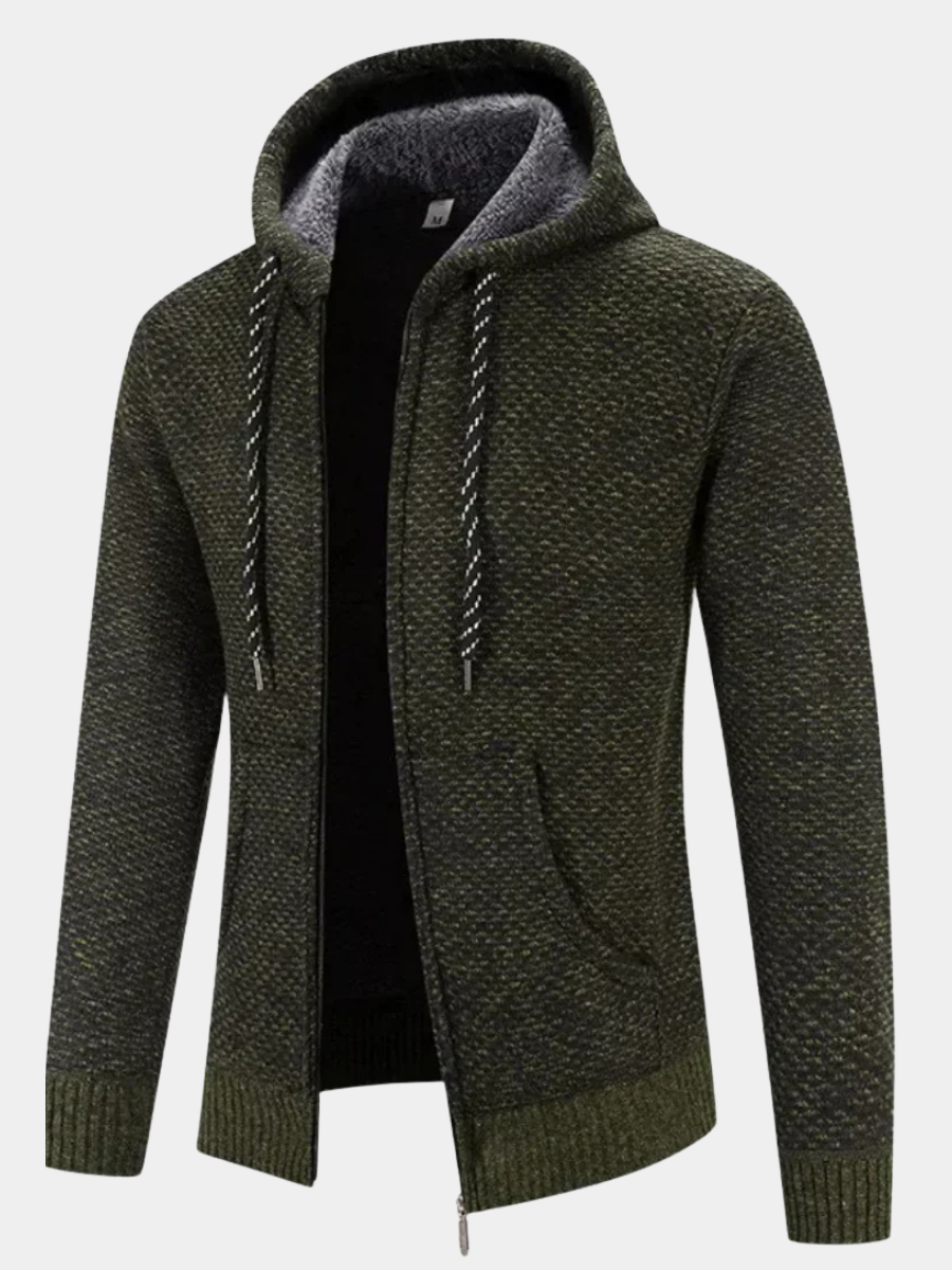 Grön herrhoodie med dragkedja och mönstrad insida