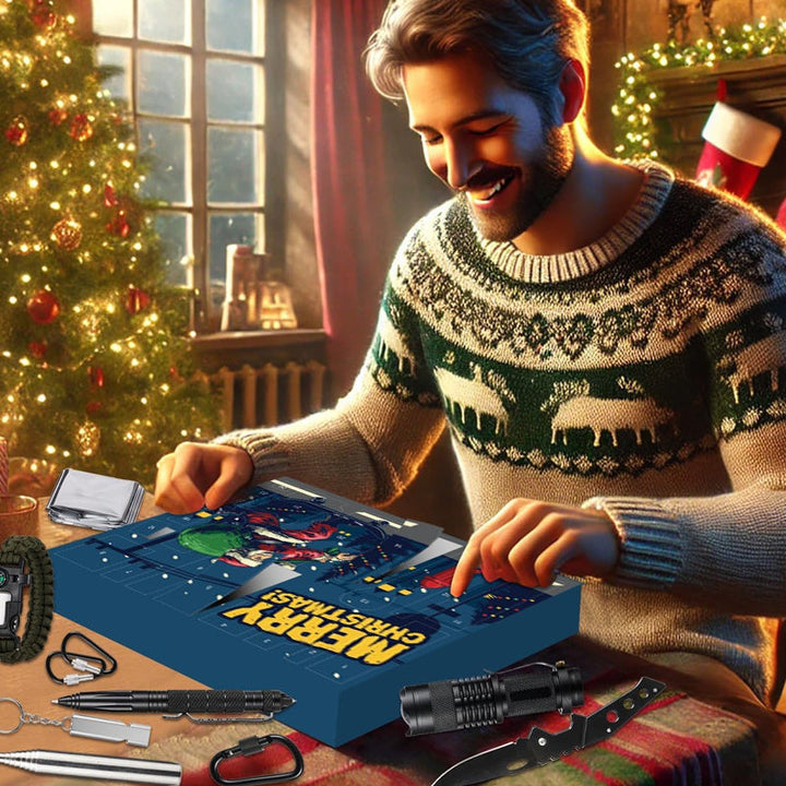 "Adventskalender 2024 för friluftsälskare, designad med campingtema, fylld med dagliga överlevnadsöverraskningar."