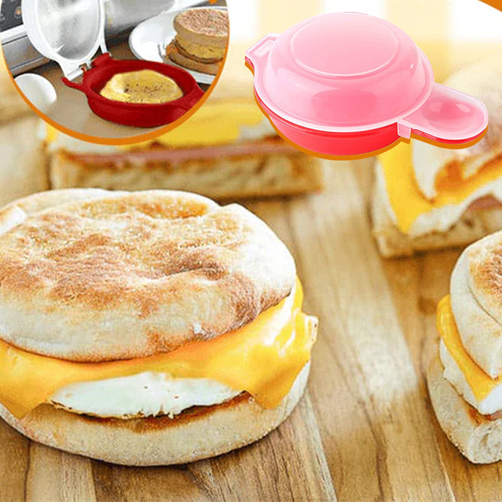 "Äggwich äggkokare i mikrovågsugn, rund design, fri från BPA, non-stick yta, perfekt för frukostmackor, enkel rengöring."
