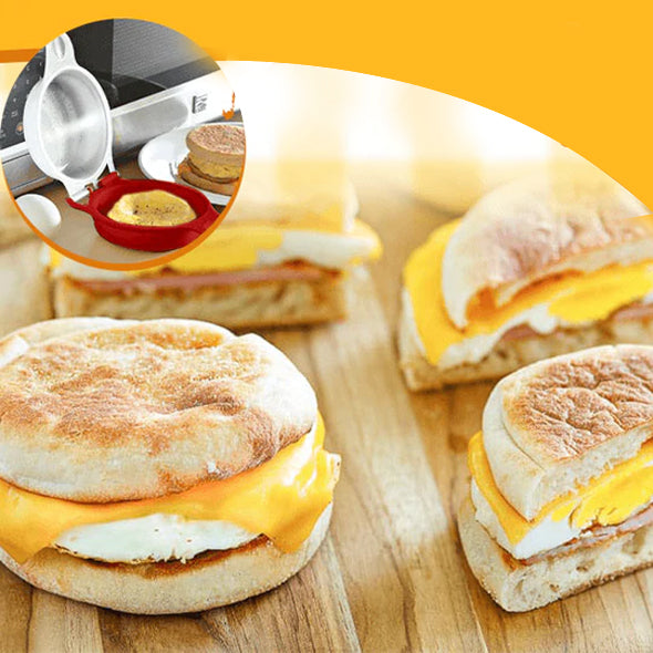 "Äggwich äggkokare i mikrovågsugn, rund design, fri från BPA, non-stick yta, perfekt för frukostmackor, enkel rengöring."