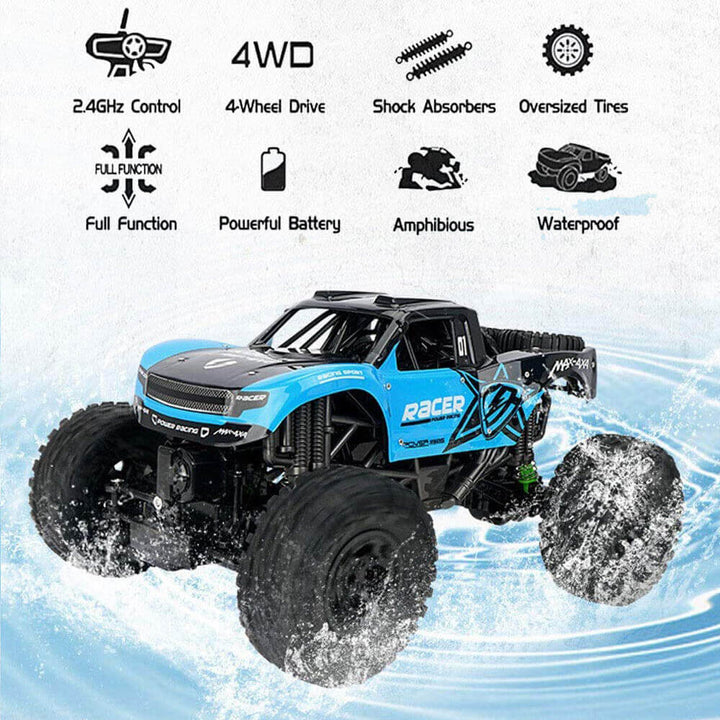 Vattentät monster truck med grova däck i terräng