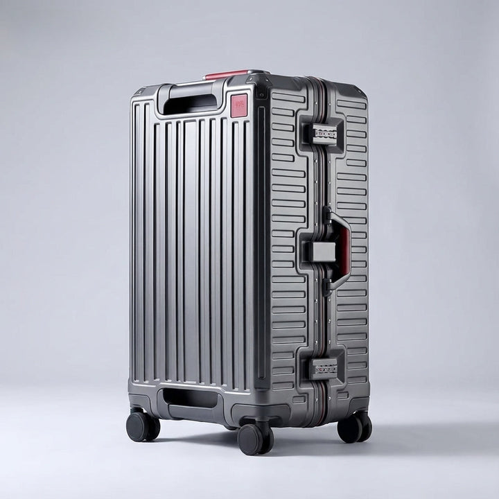 Grå, robust aluminiumförstärkt resväska med säkert TSA-lås, redo för smidig resa.