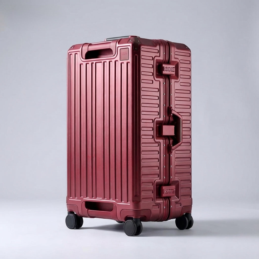 Röd, hållbar aluminiumförstärkt resväska, robust bagage med 360-hjul för smidiga resor.