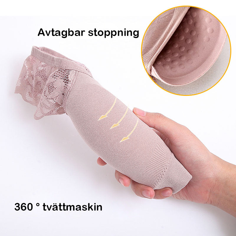 "Andningsbar bygelfri spets-BH med breda band och avtagbara inlägg för stöd och komfort; elegant V-ringning."