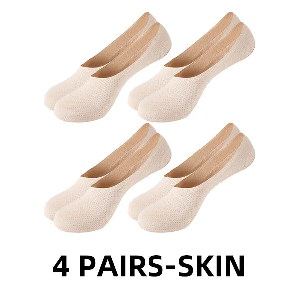 Andningsbara silkesstrumpor för sommar, ljus beige färg med silikonhälgrepp, svala och antibakteriella för optimal komfort.