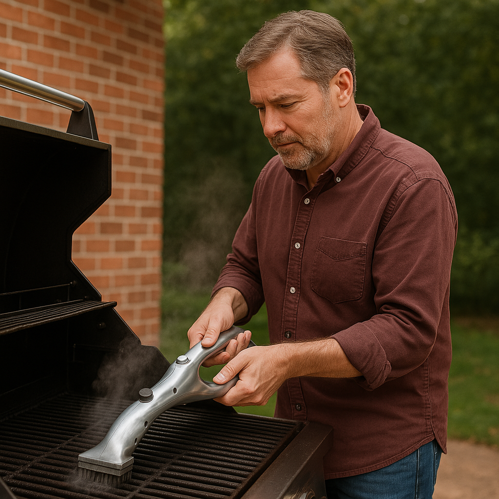 Man som rengör sitt grillgaller utomhus med en ångrengöringsborste