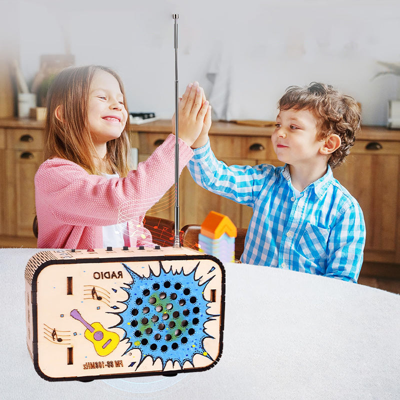 Anpassningsbar DIY-radio för barn och vuxna, trä och elektroniska komponenter, samlas själv, pedagogiskt teknikprojekt.