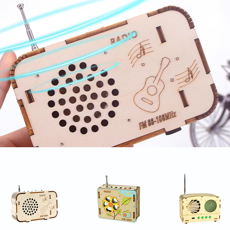 Anpassningsbar DIY-radio för barn och vuxna, trä och elektroniska komponenter, samlas själv, pedagogiskt teknikprojekt.