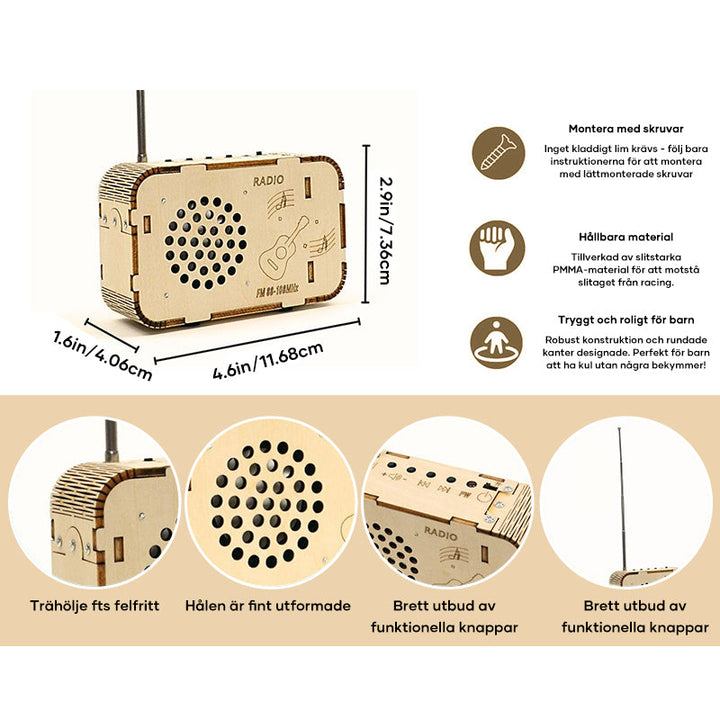 Anpassningsbar DIY-radio för barn och vuxna, trä och elektroniska komponenter, samlas själv, pedagogiskt teknikprojekt.