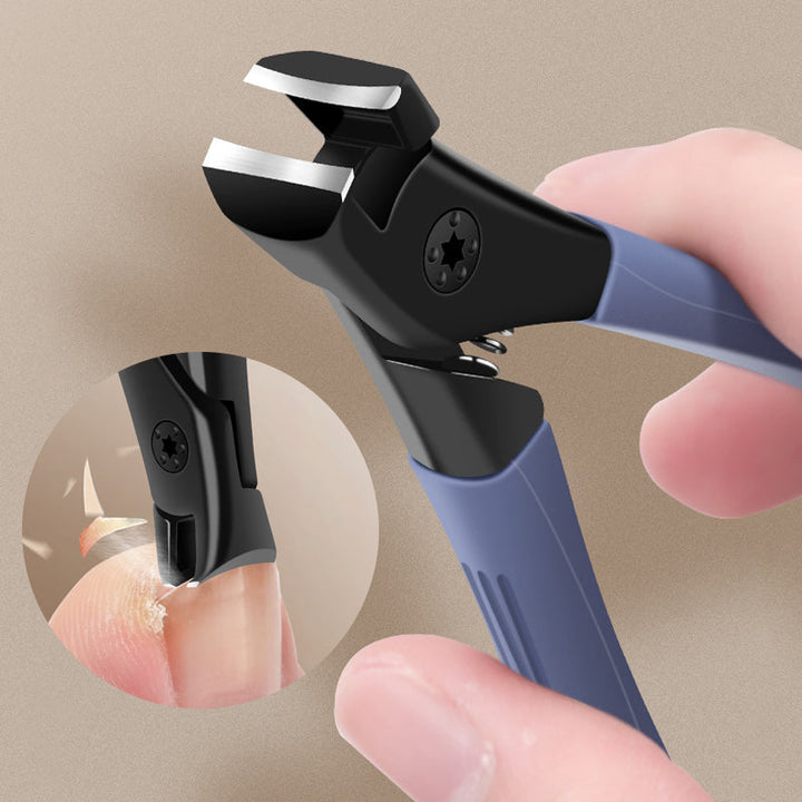 "Anti-Splash nagelklippare i rostfritt stål med vikbar design och ergonomiskt grepp för ren och prydlig nagelvård."