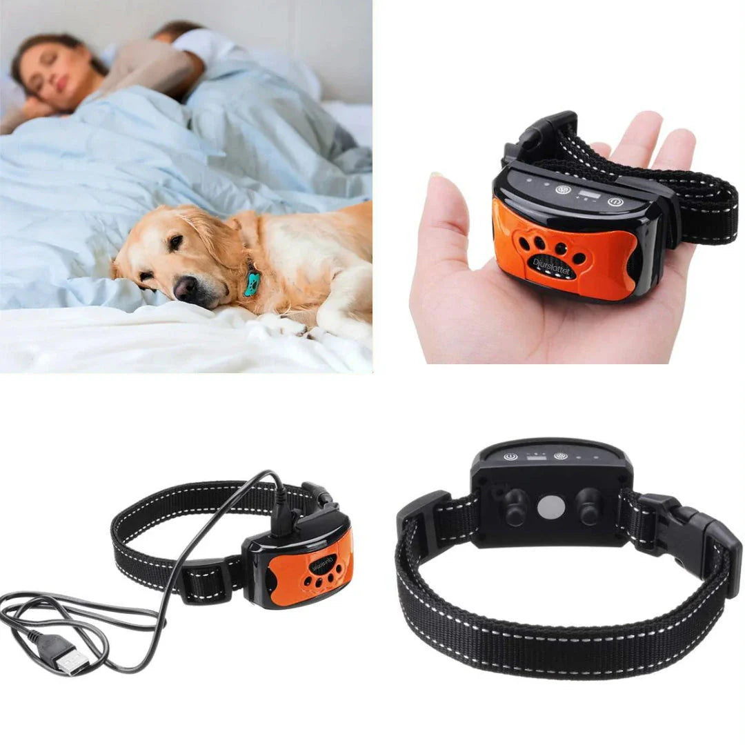 Effektivt antiskällhalsband, justerbart för olika hundstorlekar och raser.