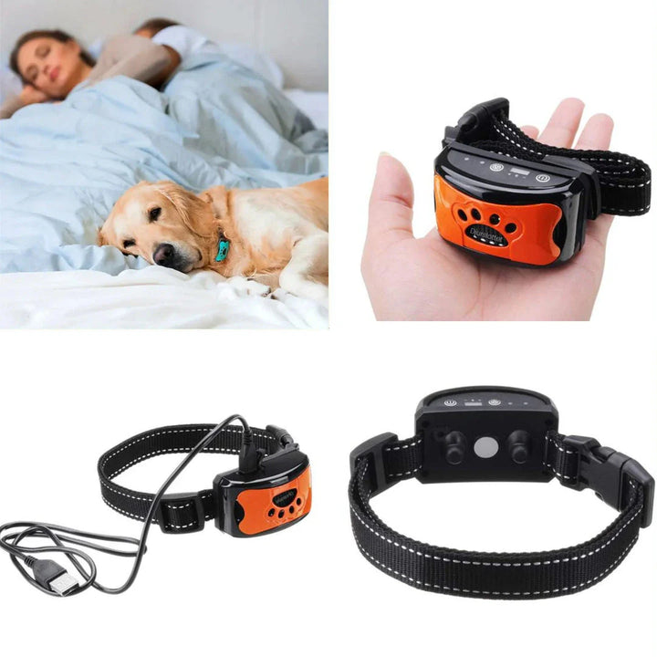 Effektivt antiskällhalsband, justerbart för olika hundstorlekar och raser.