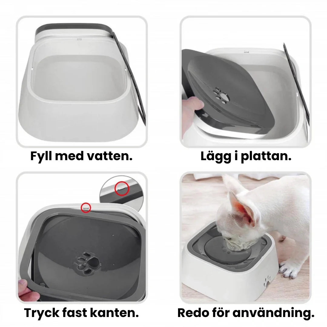 Antispill skål för husdjur. Ger tillgång till fräscht vatten utan kladd och stänk.