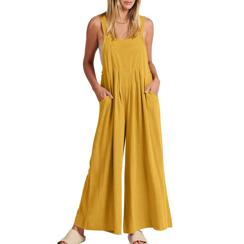 Ärmlös blommig jumpsuit för kvinnor, vida ben, justerbara axelband, trendig och elegant, bekväm