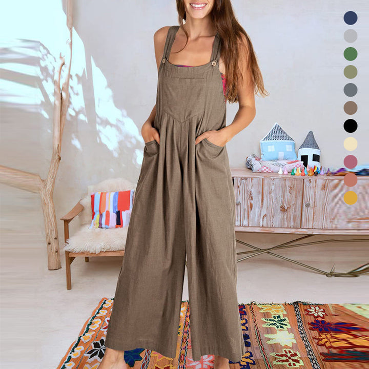 Ärmlös blommig jumpsuit för kvinnor, vida ben, justerbara axelband, trendig och elegant, bekväm