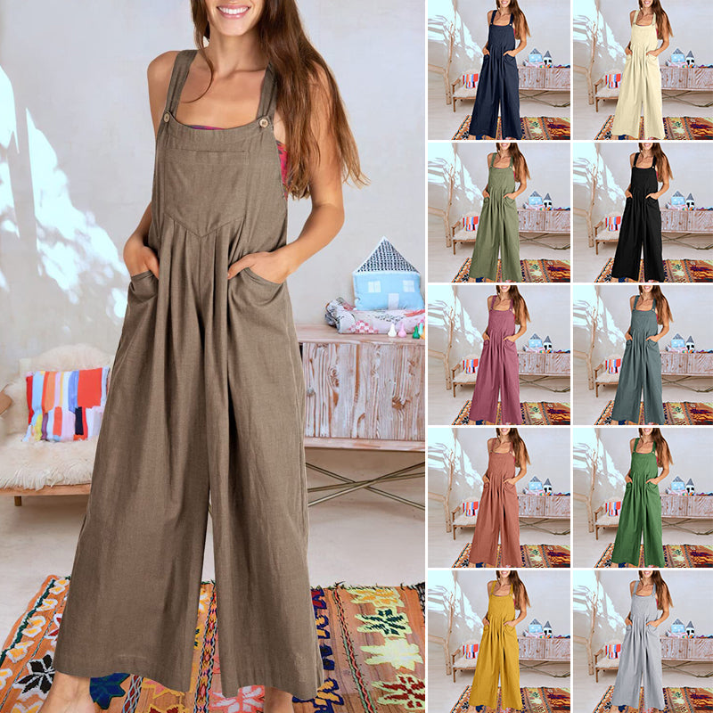 Ärmlös blommig jumpsuit för kvinnor, vida ben, justerbara axelband, trendig och elegant, bekväm