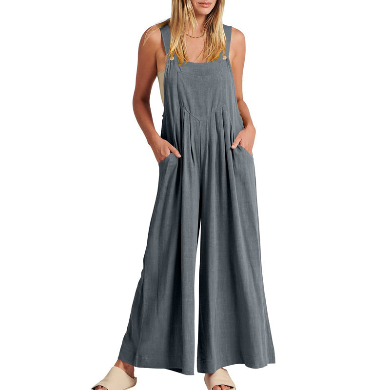 Ärmlös blommig jumpsuit för kvinnor, vida ben, justerbara axelband, trendig och elegant, bekväm