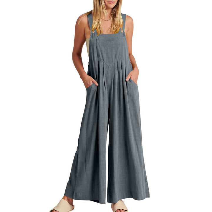 Ärmlös blommig jumpsuit för kvinnor, vida ben, justerbara axelband, trendig och elegant, bekväm
