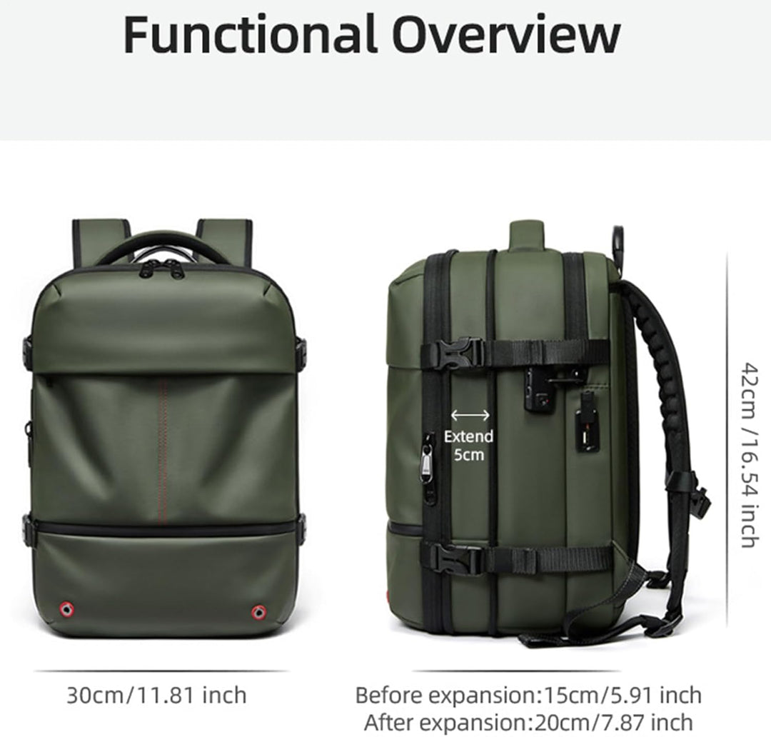 Arvid ryggsäck med vakuumkomprimering för smart packning. Expanderbar, vattentät, perfekt för resor.