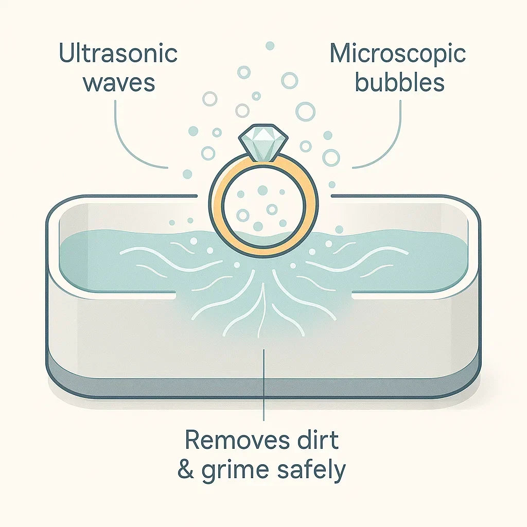 Illustration som visar hur ultraljudsvågor och mikroskopiska bubblor rengör en ring skonsamt