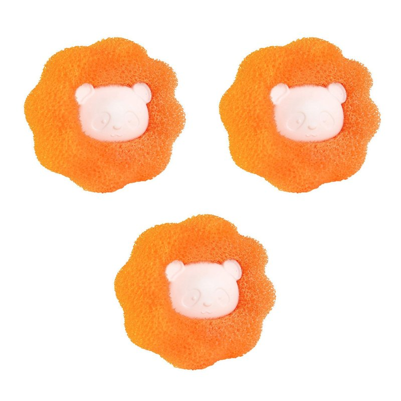 "Återanvändbar tvättkula, orange/blå, avlägsnar hår och ludd effektivt. Kompakt, hållbar och skonsam mot kläder."