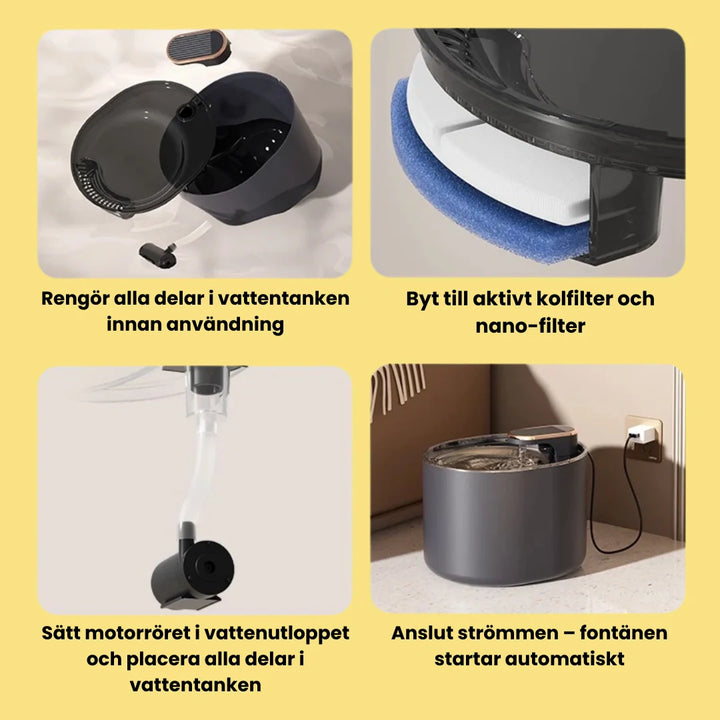 Elegant vit automatisk vattenfontän, 3 liter. Uppmuntrar katt & hund att dricka mer fräscht vatten.