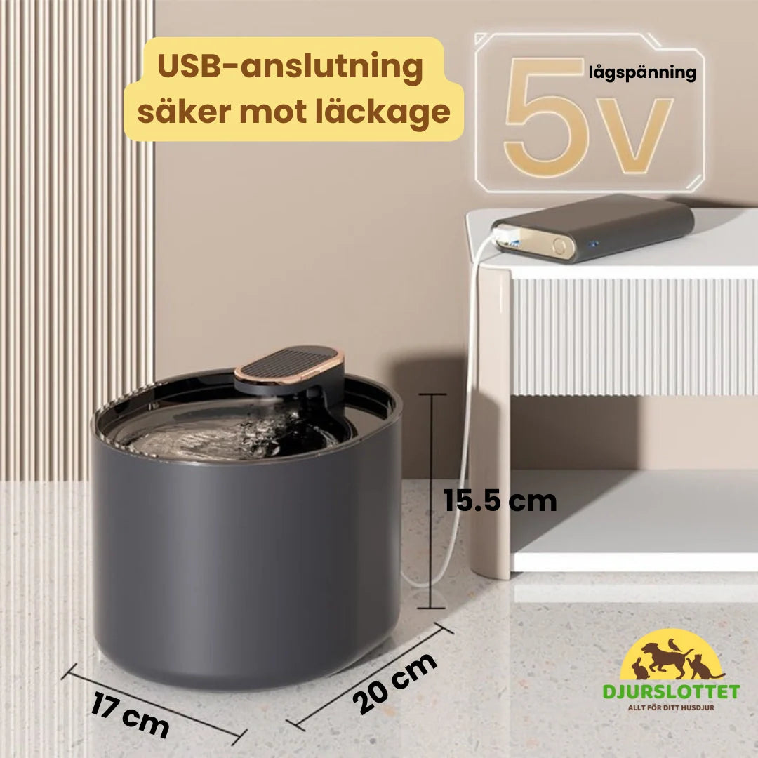 Tystgående USB-driven vattenfontän. Automatisk vattenskål håller vattnet fräscht för husdjur.